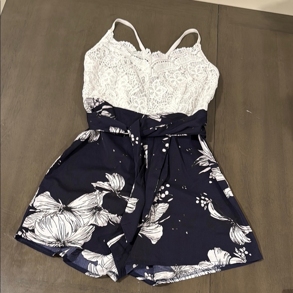SHEIN Navy and White Floral Lace Jumpsuit